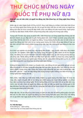 Thư chúc mừng ngày Quốc tế phụ nữ 8-3 của Viện trưởng